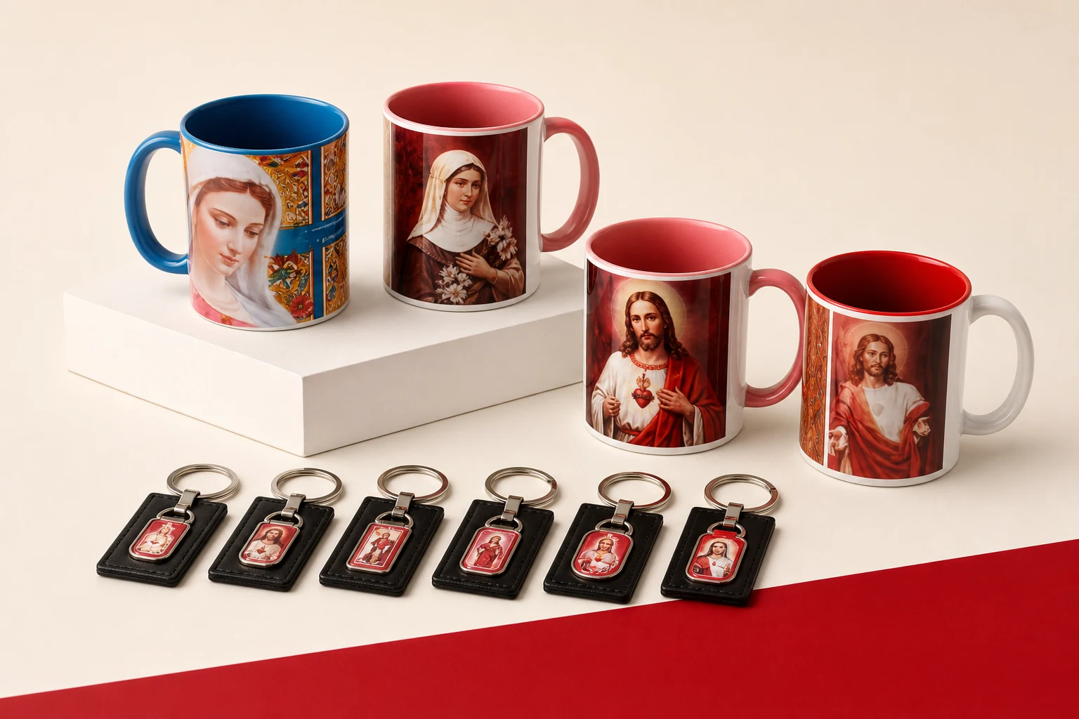 Mise en scène de mugs et porte-clés religieux réalisés par EDSAC