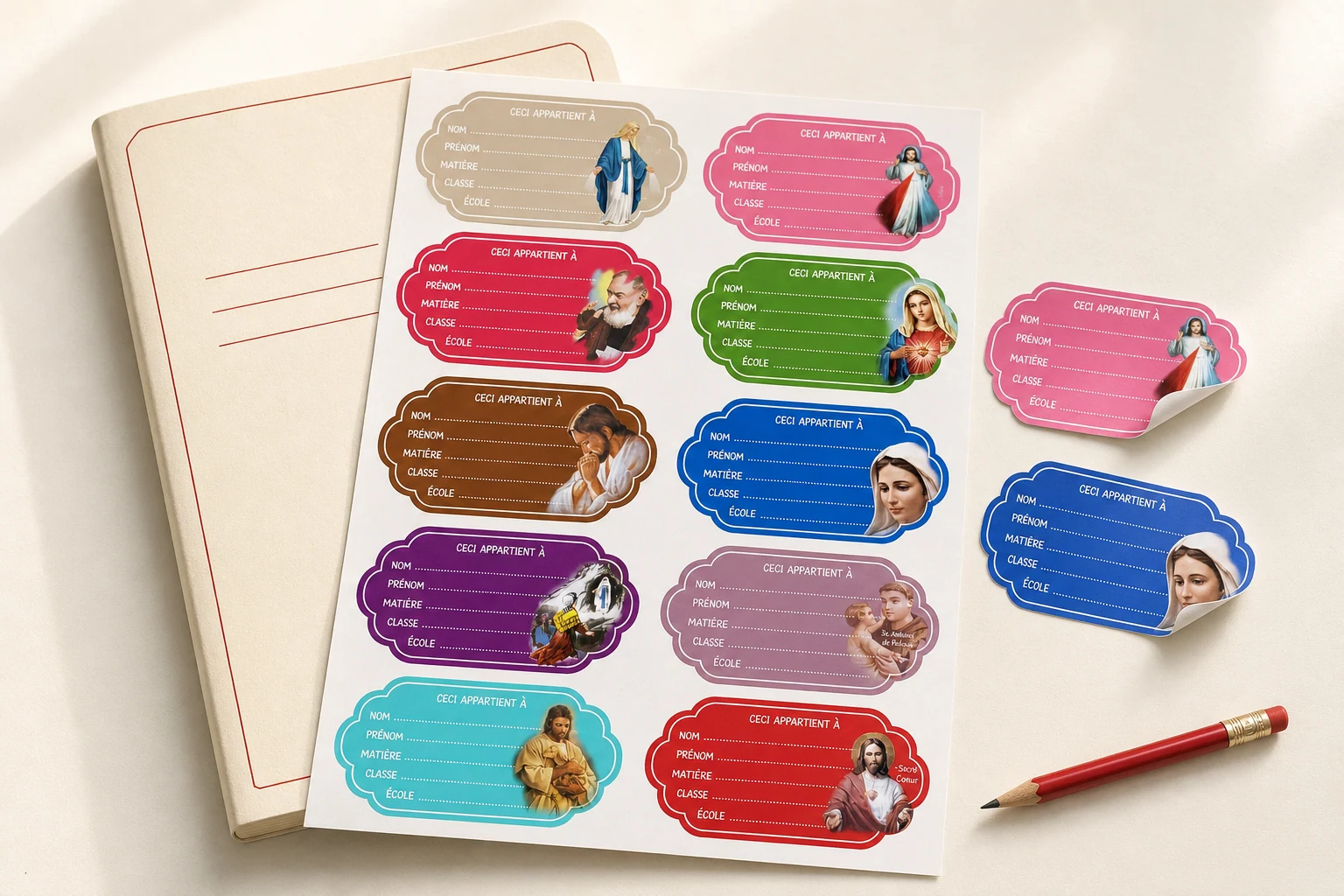 Mise en scène d’une planche d’étiquettes scolaires religieuses personnalisées